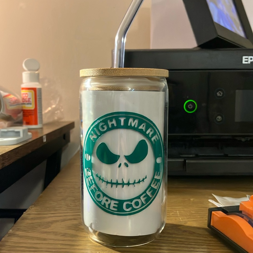 NWOT handmade 16 oz. Glass can for iced coffee, teas, etc